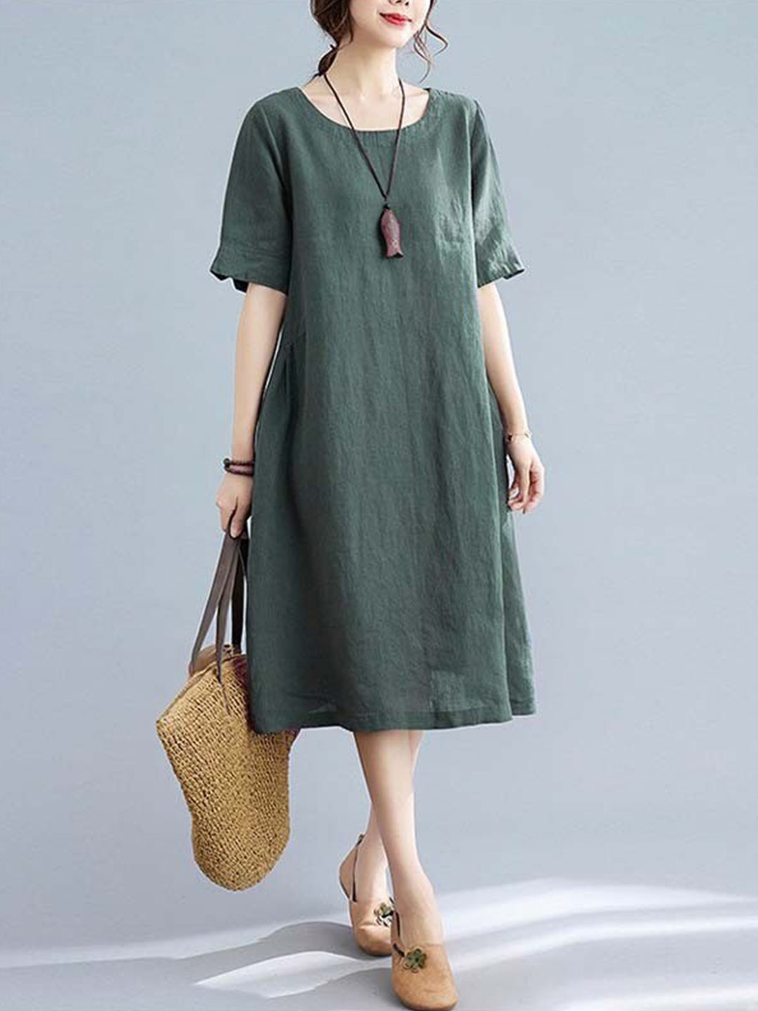 

StyleCast Green A-Line Cotton Midi Dress