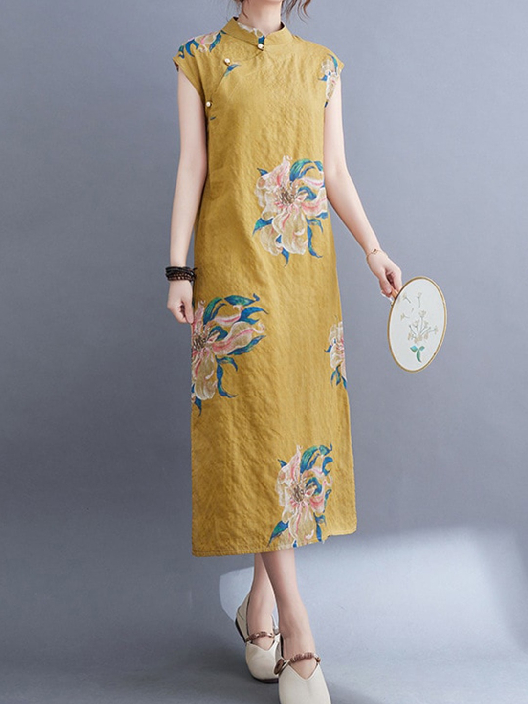 

StyleCast Yellow Floral Print Shirt Collar Cotton A-Line Midi Dress