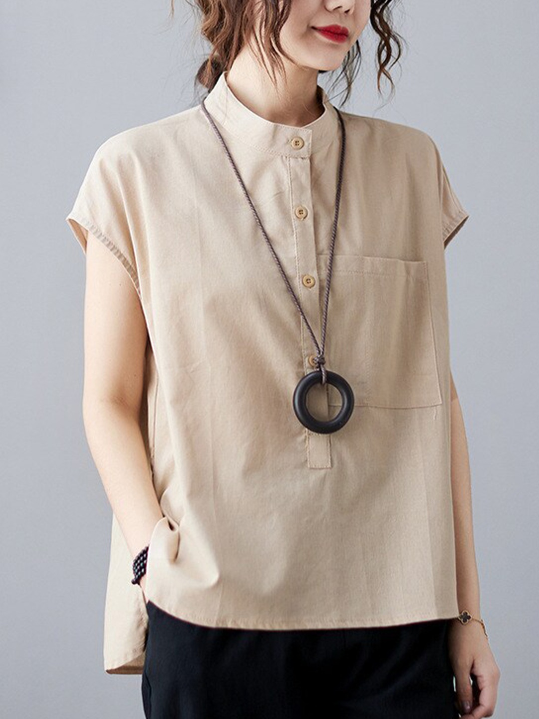 

StyleCast Beige Mandarin Collar Extended Sleeves Cotton Regular Top