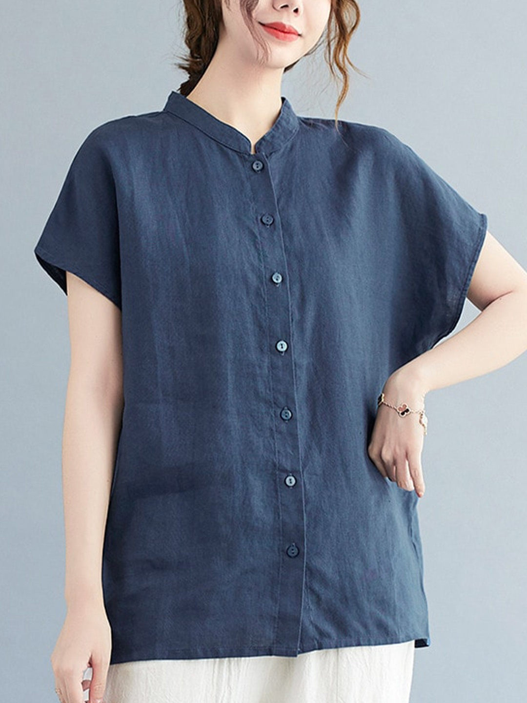 

StyleCast Navy Blue Mandarin Collar Extended Sleeves Cotton Casual Shirt