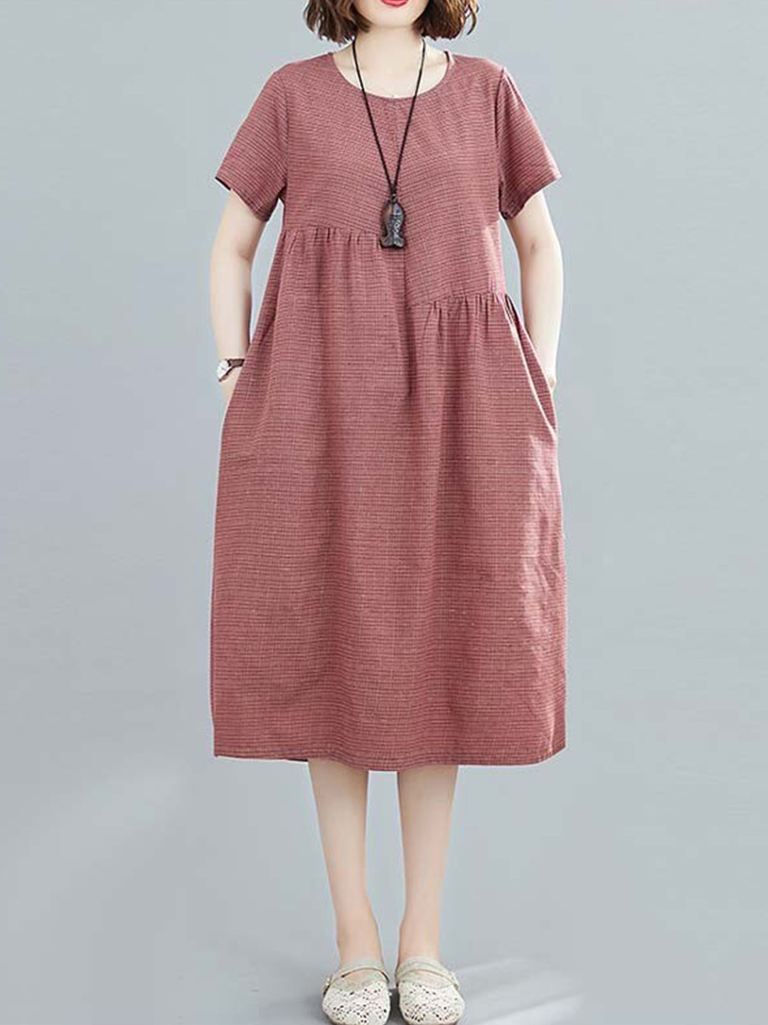 

StyleCast Red Self Design A-Line Cotton Midi Dress