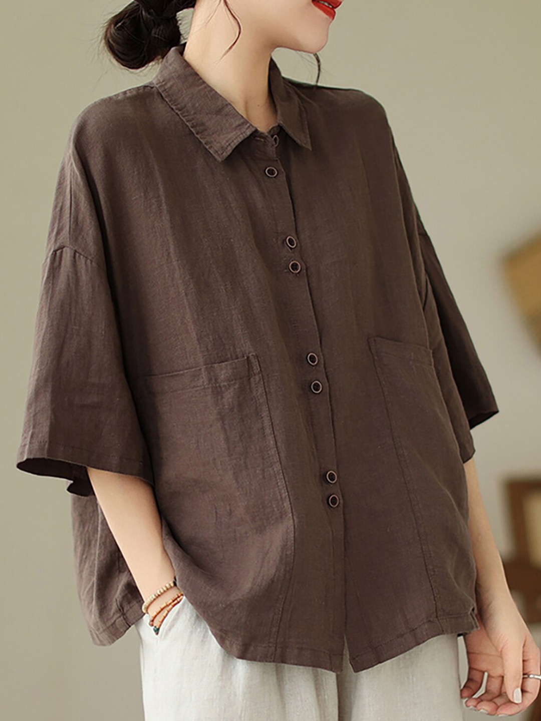 

StyleCast Brown Spread Collar Drop-Shoulder Sleeves Cotton Shirt