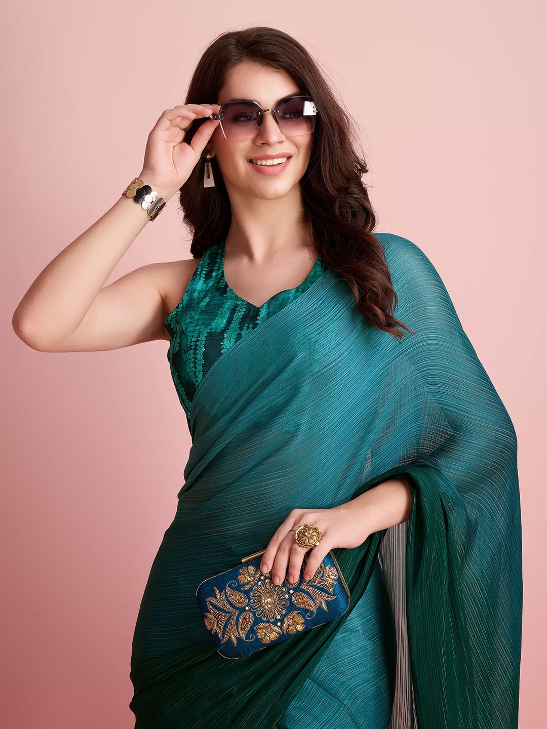 

RACHNA Ombre Zari Poly Chiffon Ready to Wear Saree, Teal