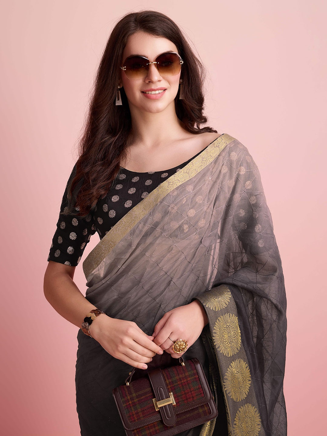 

RACHNA Ombre Sequinned Ready to Wear Chanderi Saree, Brown