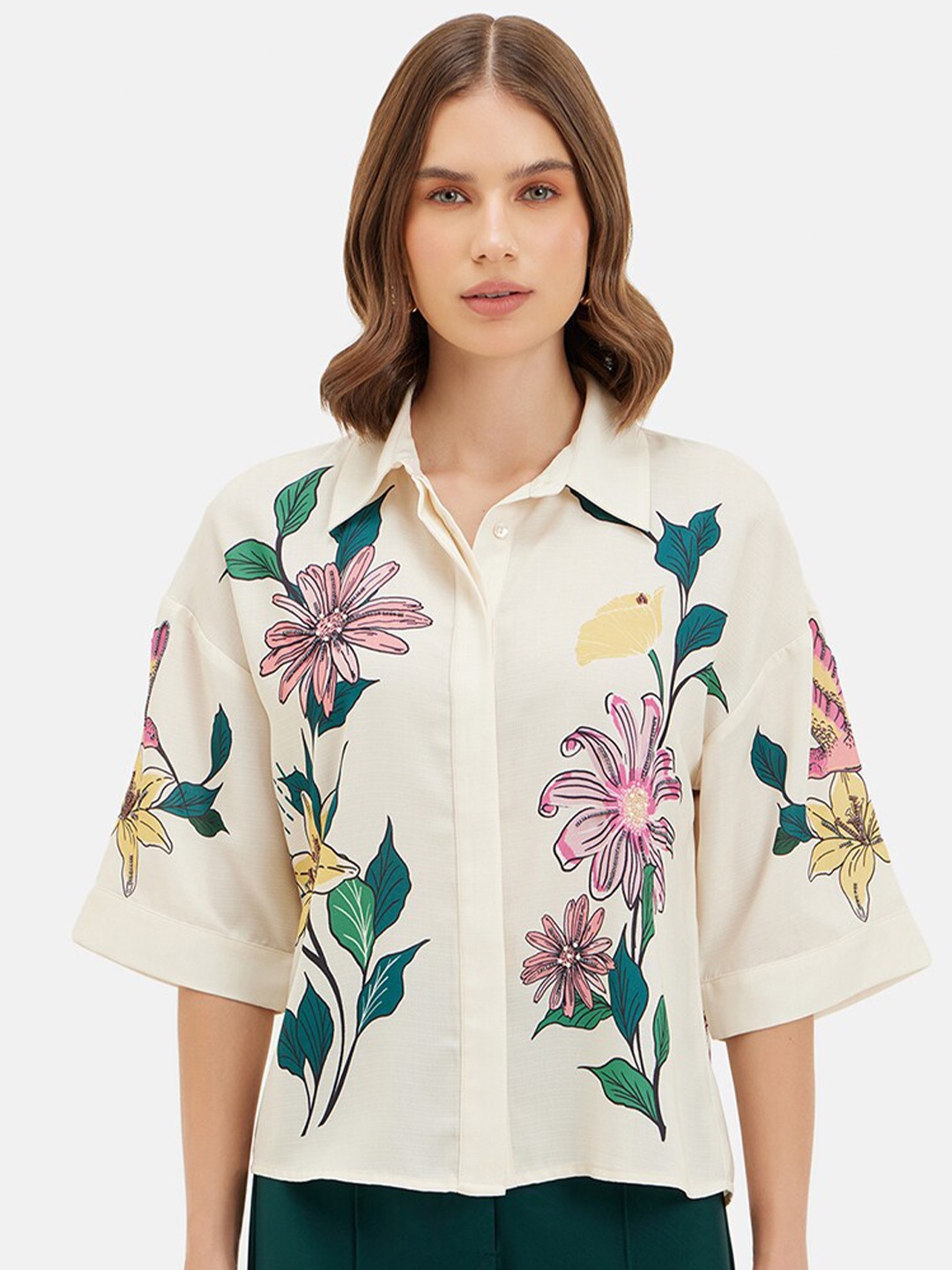 

Kazo Women Boxy Floral Printed Spread Collar Casual Shirt, Beige