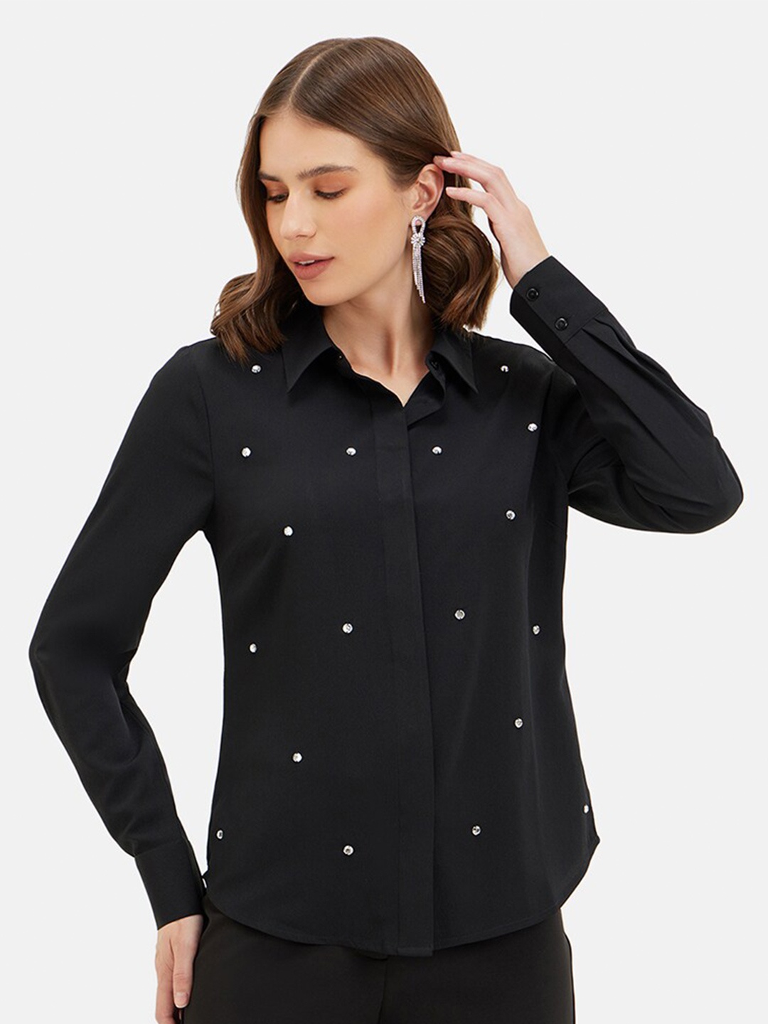 

Kazo Embellised Spread Collar CasualShirt, Black