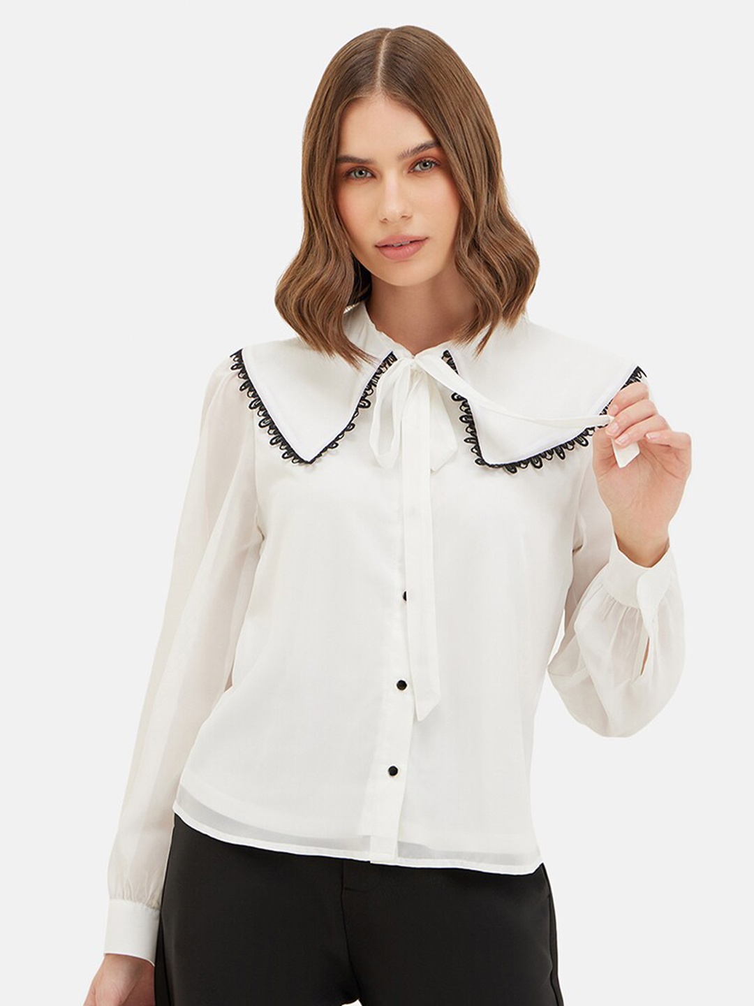 

Kazo Peter Pan Collar Georgette Casual Shirt, White