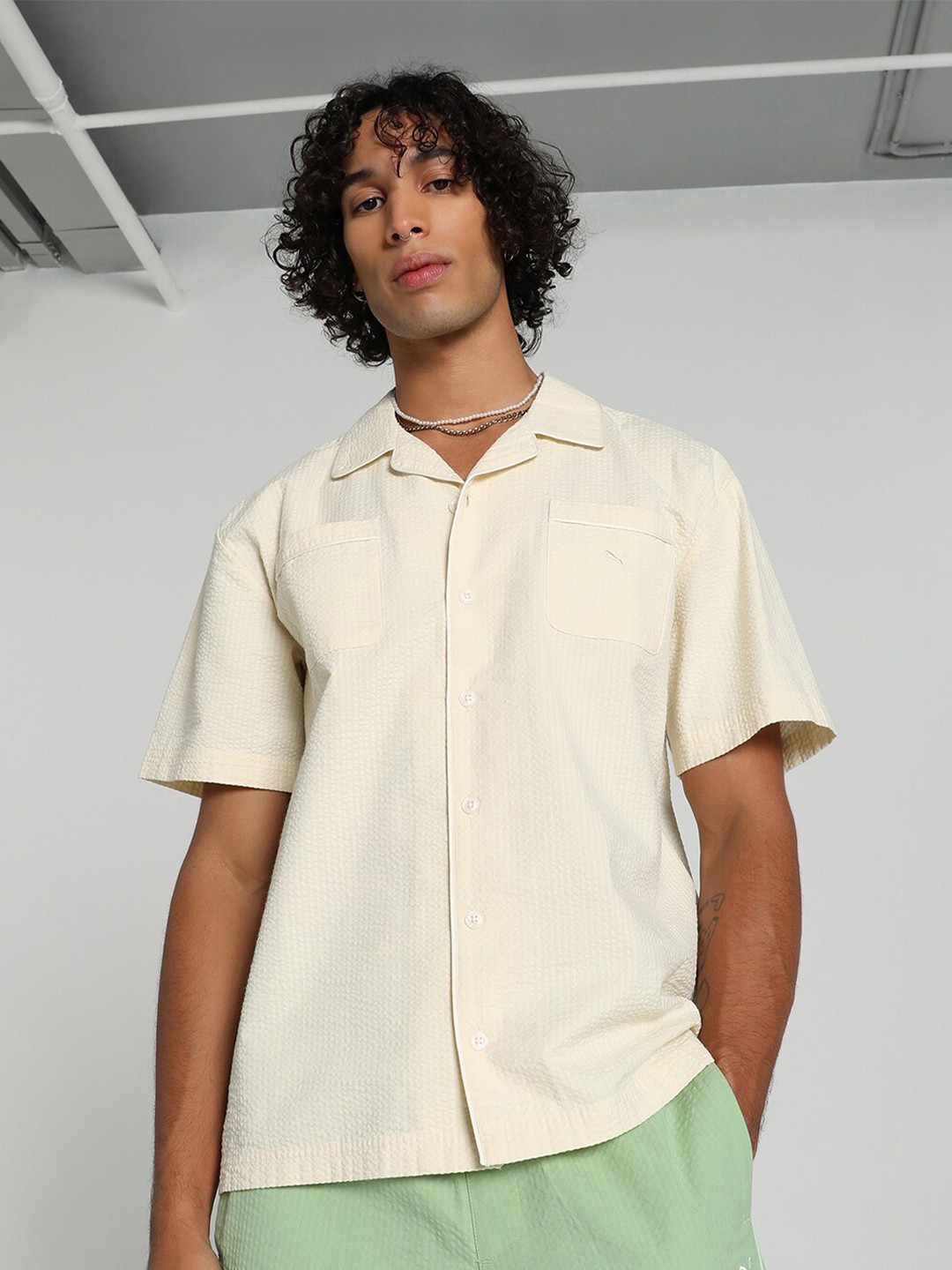 

Puma MMQ Textured Cotton Seesucker Shirt, Cream