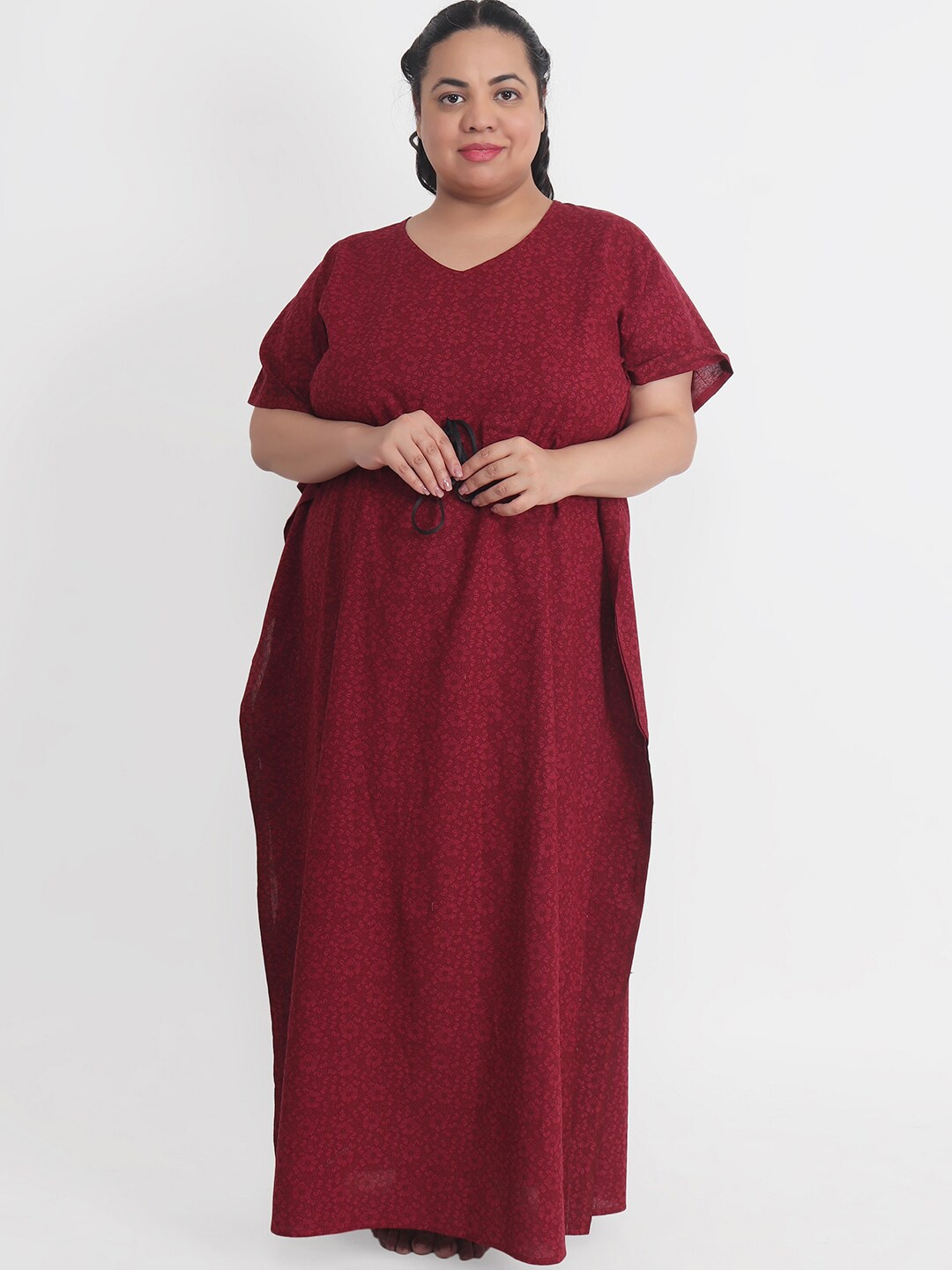 

Klamotten Plus Size Floral Printed Pure Cotton Maxi Kaftan Nightdress, Maroon