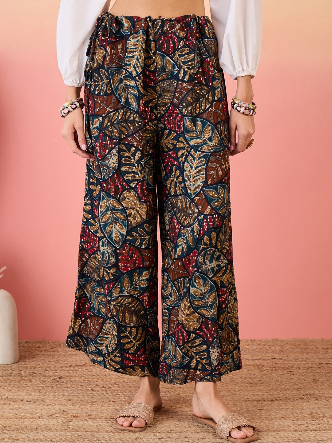 

InWeave Women Floral Printed Flared Palazzos, Teal