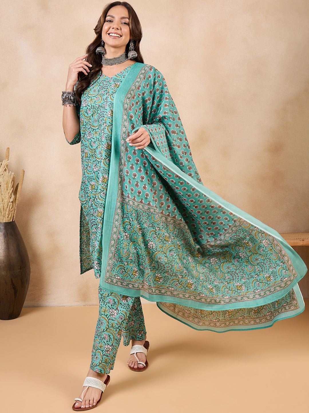 

InWeave Floral Printed Pure Cotton Straight Kurta With Trousers & Dupatta, Teal