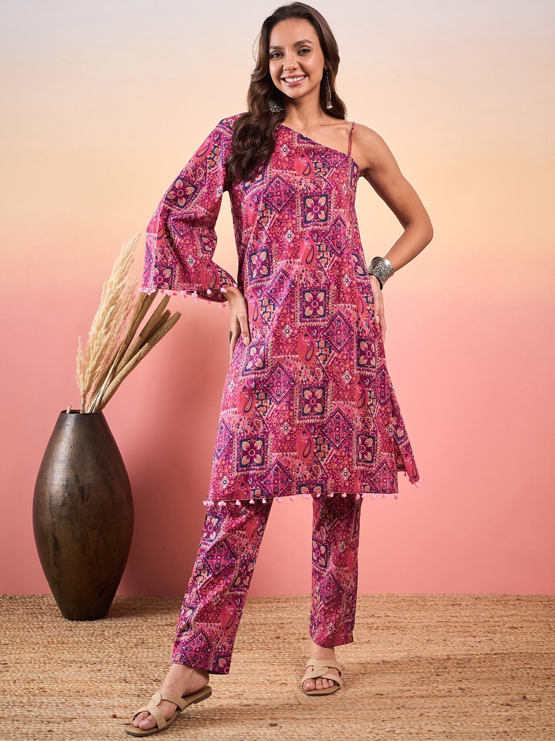 

InWeave Ethnic Motifs One Shoulder Regular Kurta & Trousers, Pink