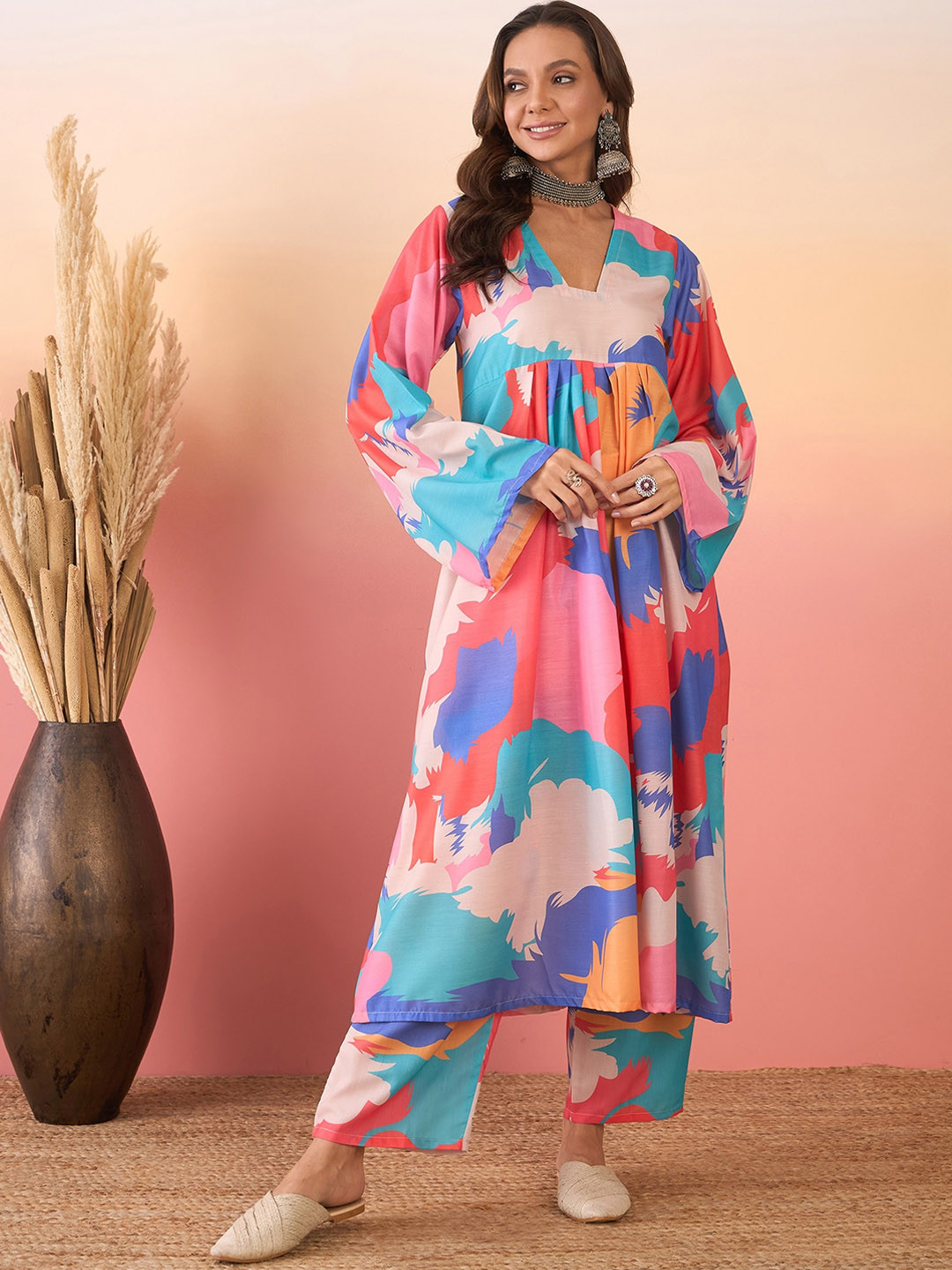

InWeave Printed V-Neck Flared Sleeves Empire A-Line Kurta With Trousers, Blue