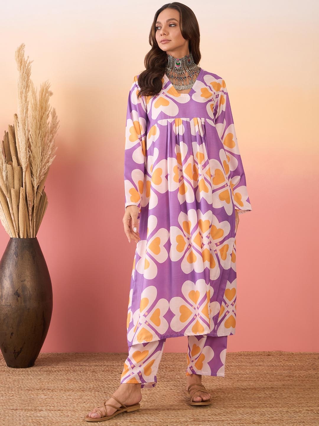 

InWeave Floral Printed V-Neck Flared Sleeves Empire A-Line Kurta With Trousers, Purple