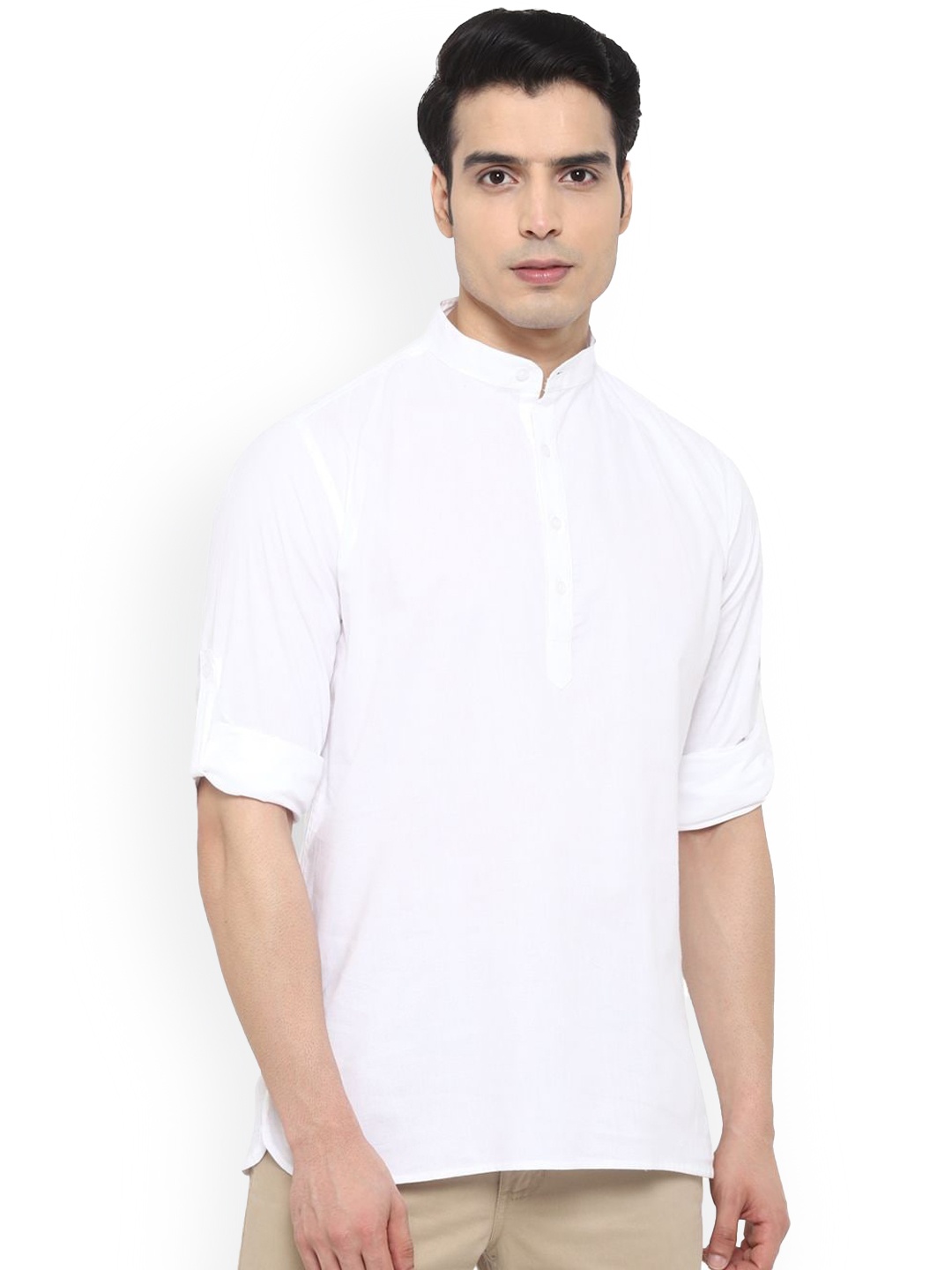 

Springberry Mandarin Collar Roll-Up Sleeves Pure Cotton Straight Kurta, White