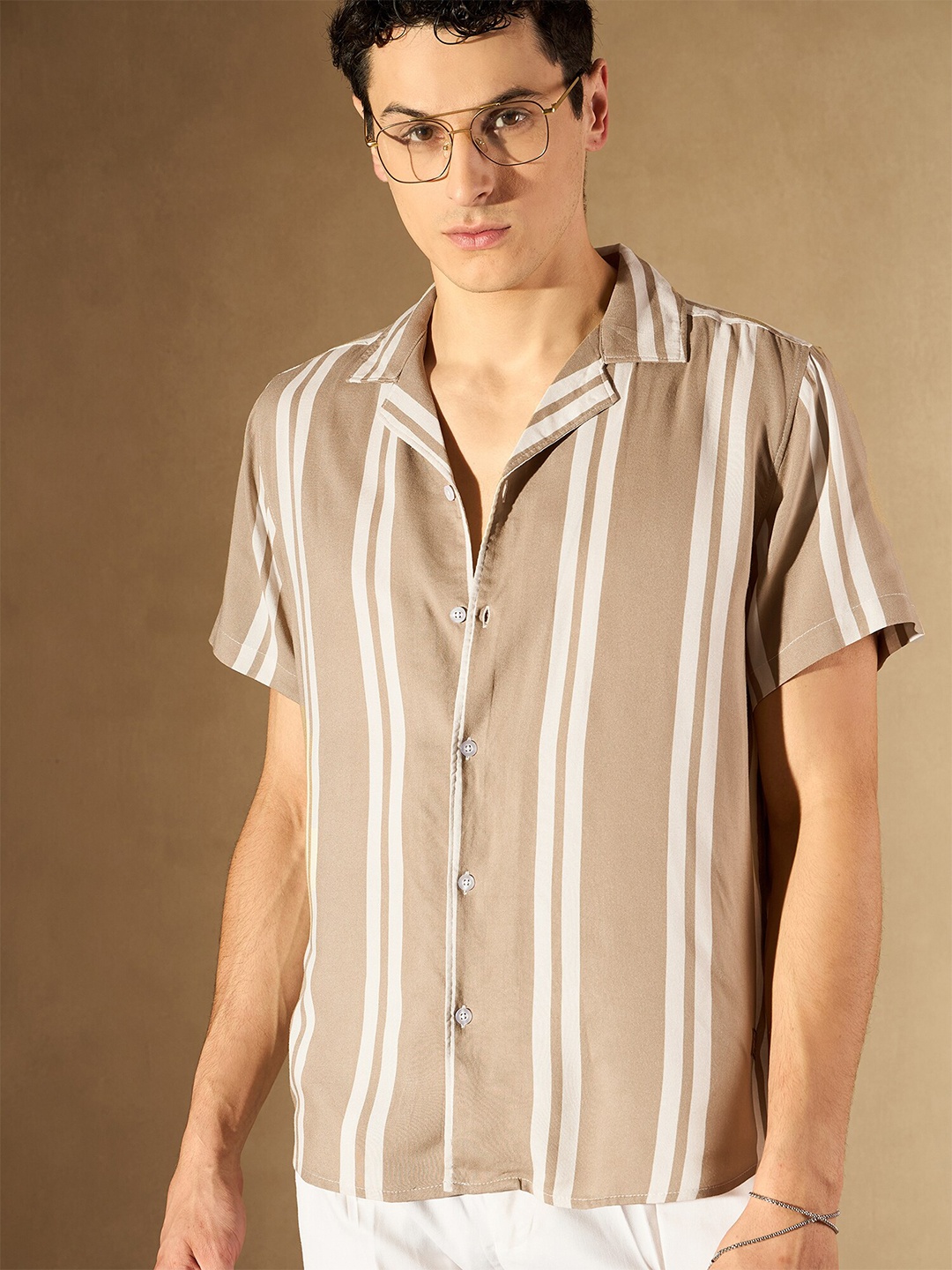 

DENNISON Vertical Striped Printed Cuban Collar Smart Casual Shirt, Beige