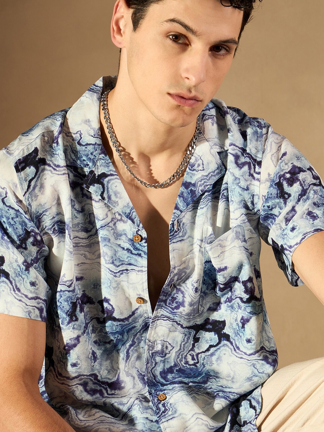 

DENNISON Abstract Print Cuban Collar Smart Oversized Casual Shirt, Blue