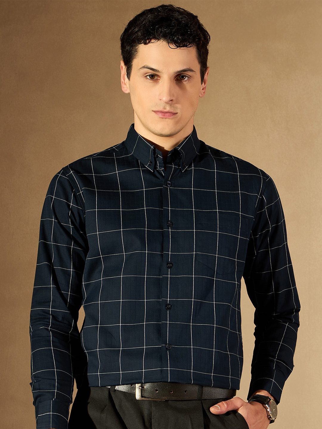 

DENNISON Windowpane Checked Button-Down Collar Smart Cotton Formal Shirt, Navy blue