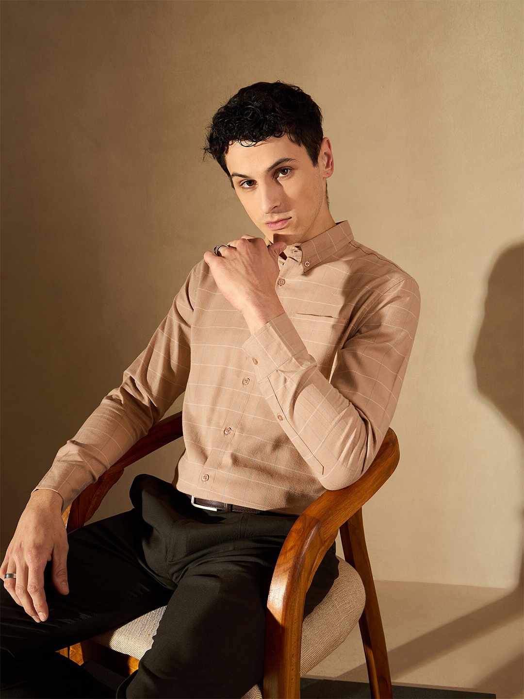 

DENNISON Windowpane Checked Button-Down Collar Cotton Smart Formal Shirt, Brown