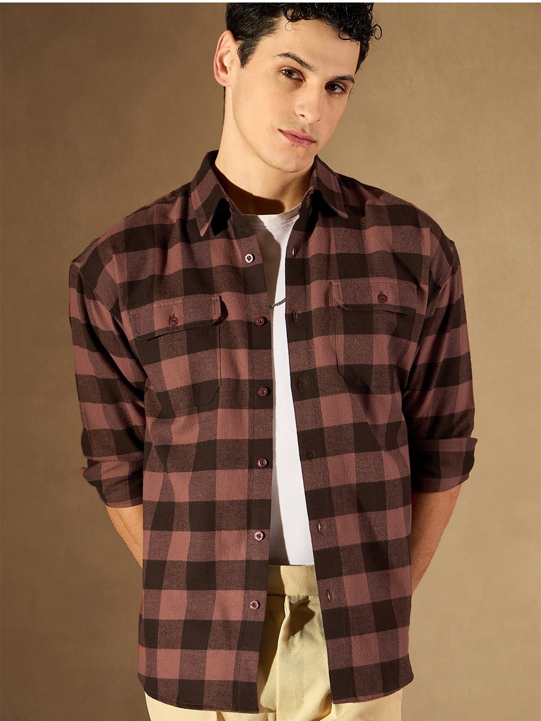 

DENNISON Smart Buffalo Checks Cotton Checked Casual Shirt, Brown
