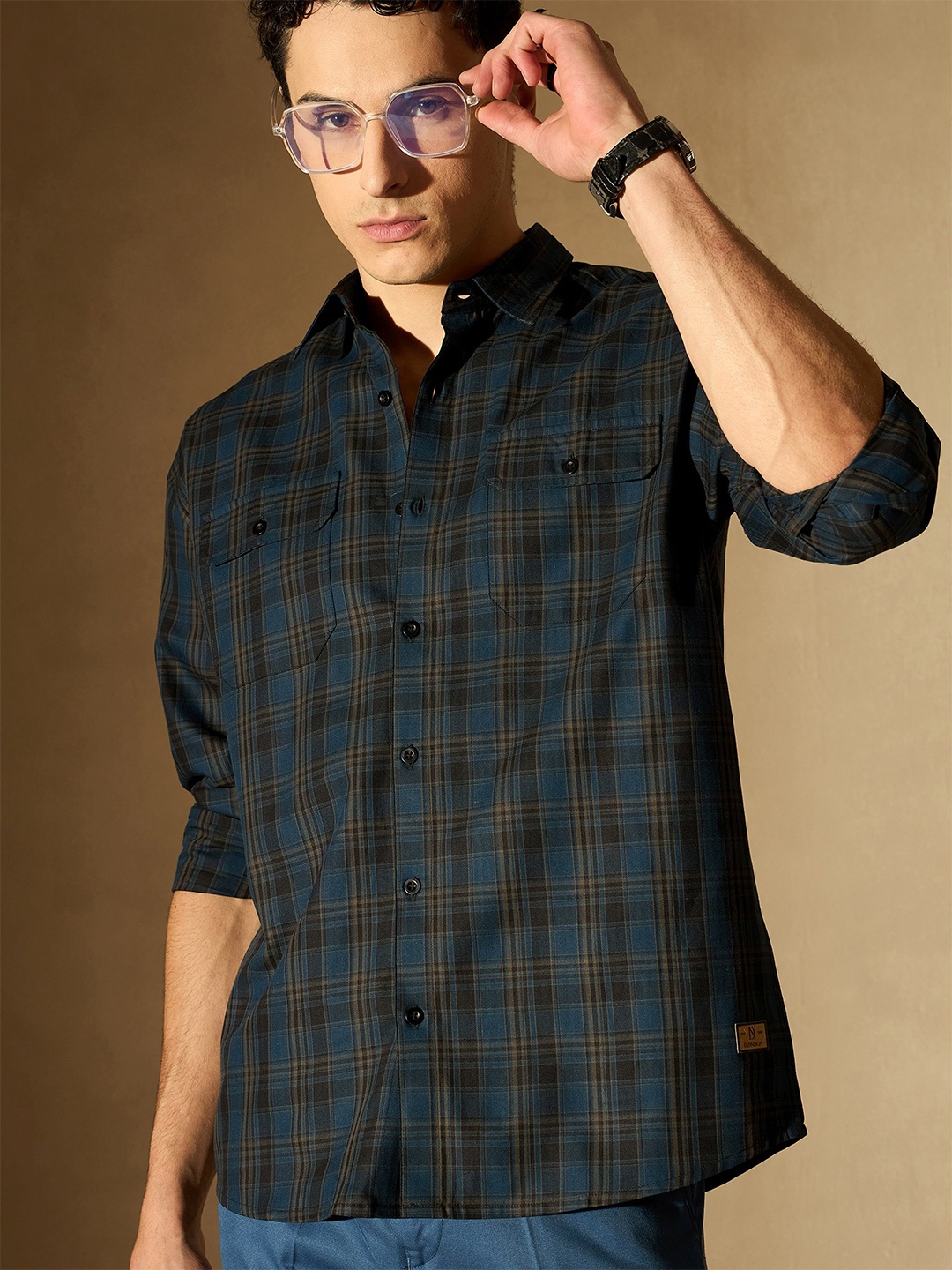 

DENNISON Tartan Checked Spread Collar Cotton Smart Casual Shirt, Teal