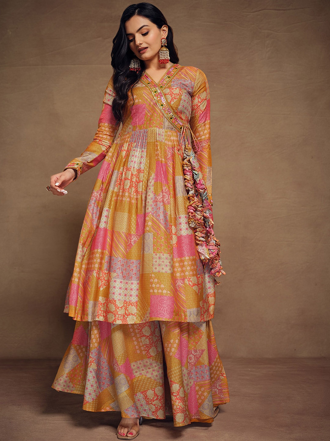 

ODETTE Printed Regular Angrakha Anarkali Kurta with Palazzos, Orange