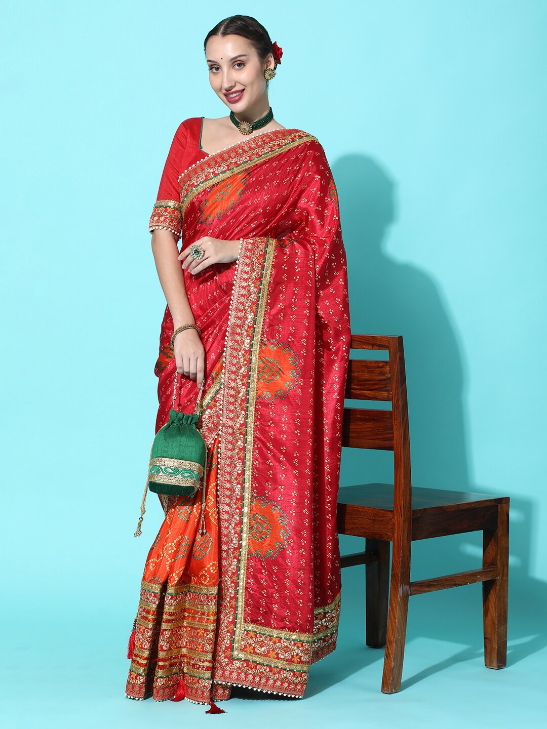 

KAVINDI Bandhani Embroidered Pure Silk Bandhani Saree, Orange