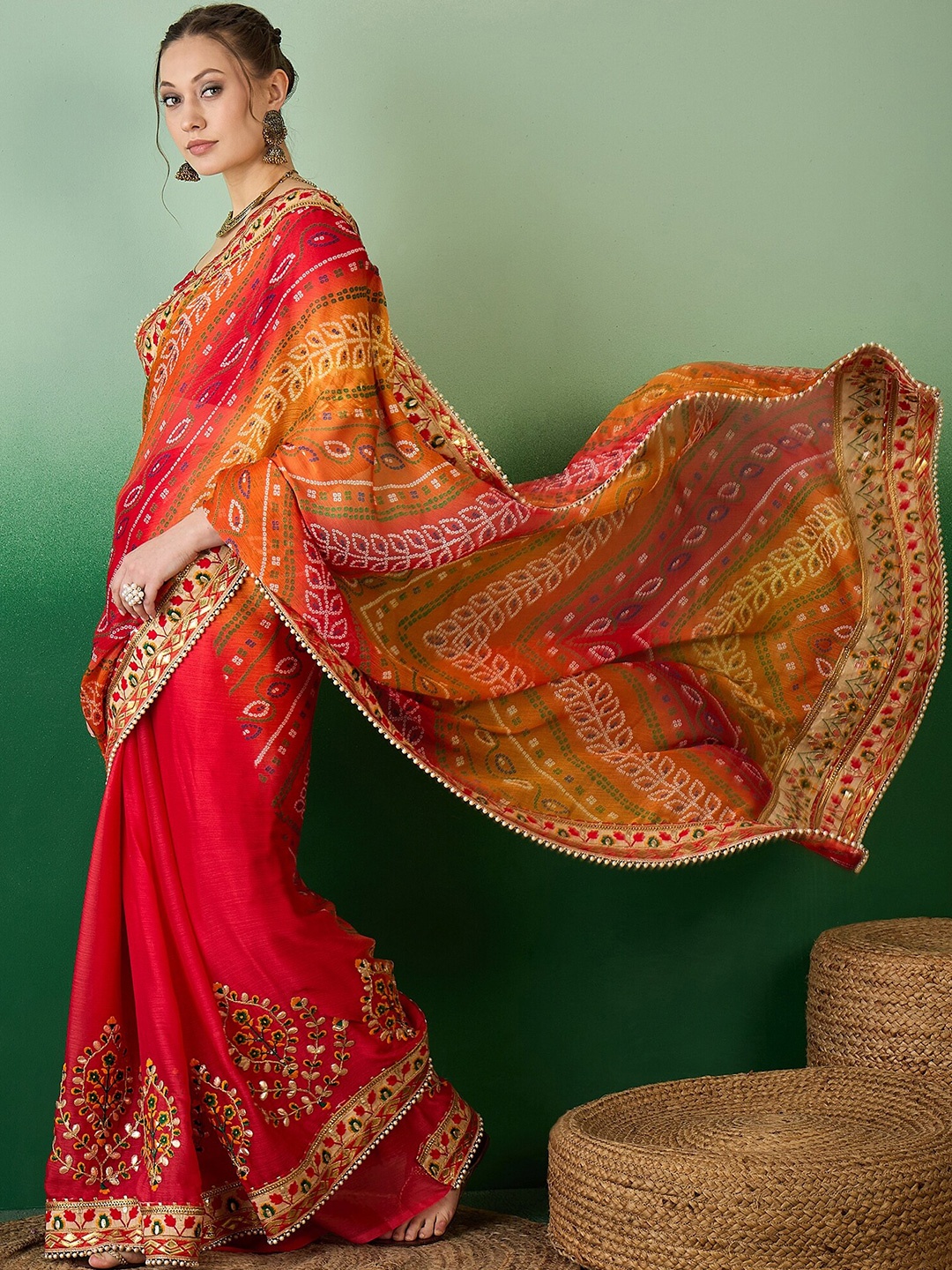 

KAVINDI Bandhani Embroidered Pure Chiffon Designer Bandhani Saree, Red