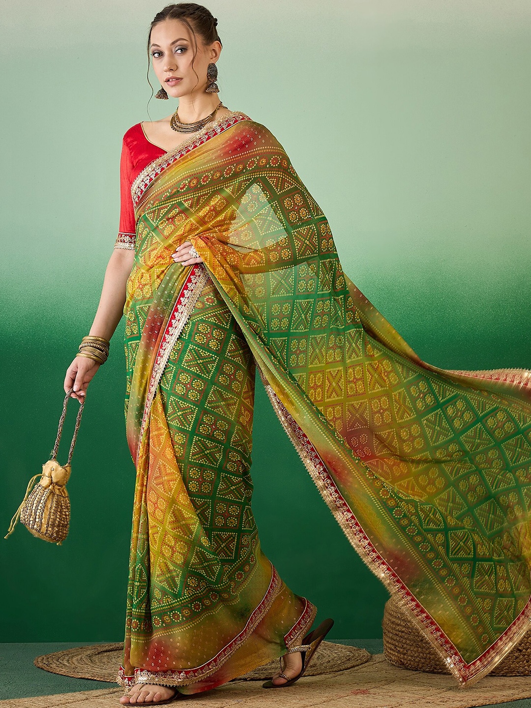 

KAVINDI Bandhani Sequinned Pure Georgette Designer Bandhani Saree, Green