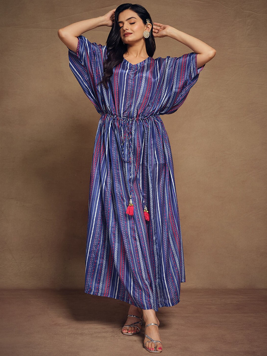 

ODETTE Striped V-Neck Kimono Sleeves Kaftan Maxi Dress, Blue