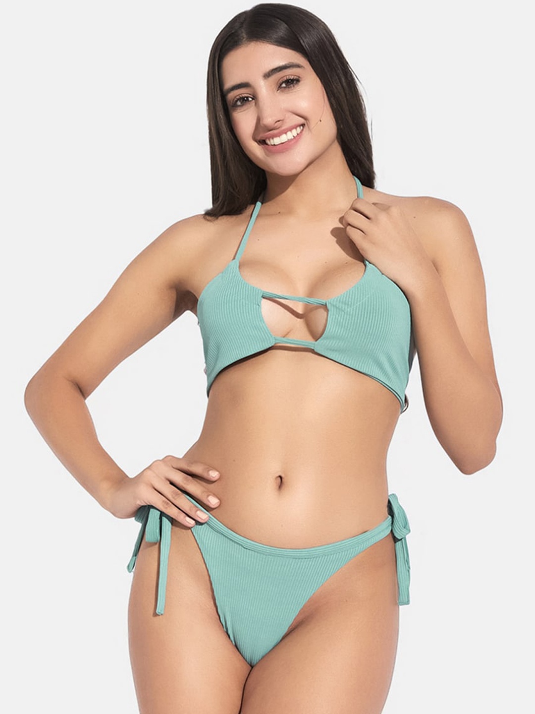 

SECRETS BY ZEROKAATA Women Ribbed Beachwear Swim Bikini Set, Sea green