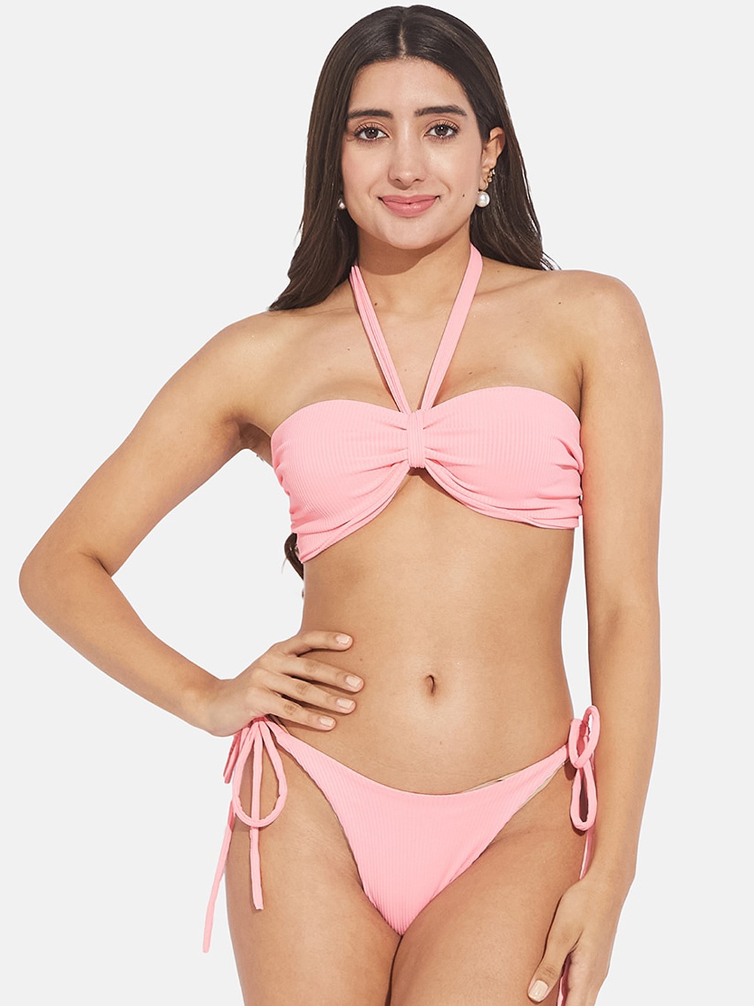 

SECRETS BY ZEROKAATA Women Ribbed Beachwear Swim Bikini Set, Pink