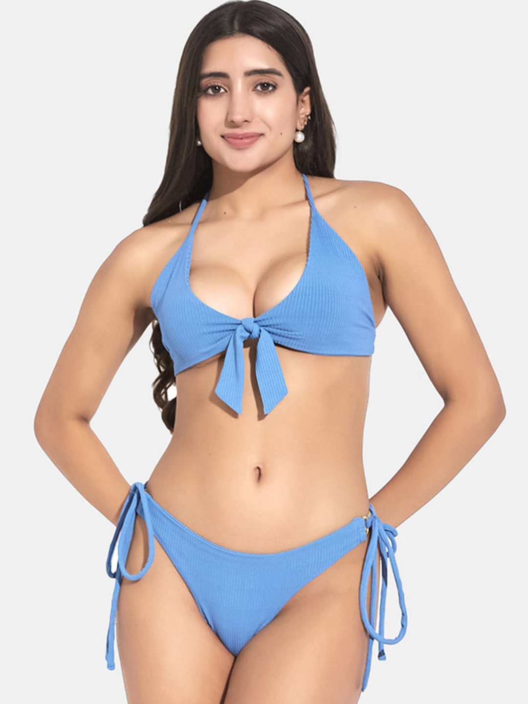 

SECRETS BY ZEROKAATA Women Ribbed Beachwear Swim Bikini Set, Blue