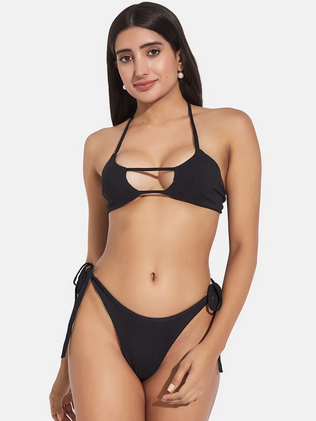 

SECRETS BY ZEROKAATA Women Ribbed Beachwear Swim Bikini Set, Black