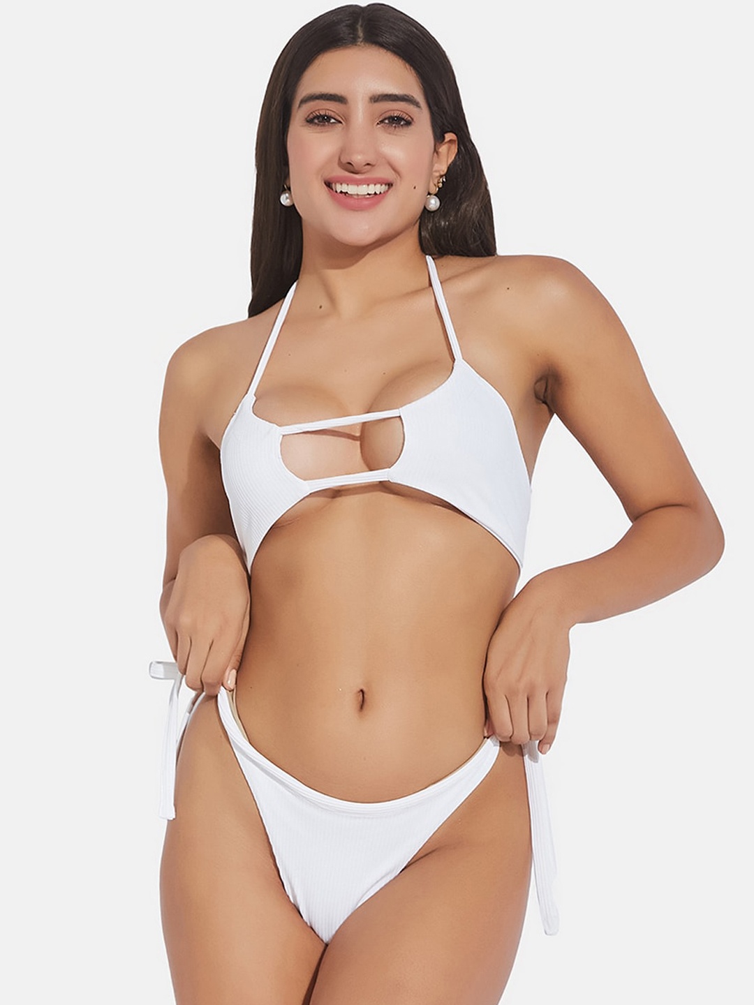 

SECRETS BY ZEROKAATA Women Ribbed Beachwear Swim Bikini Set, White