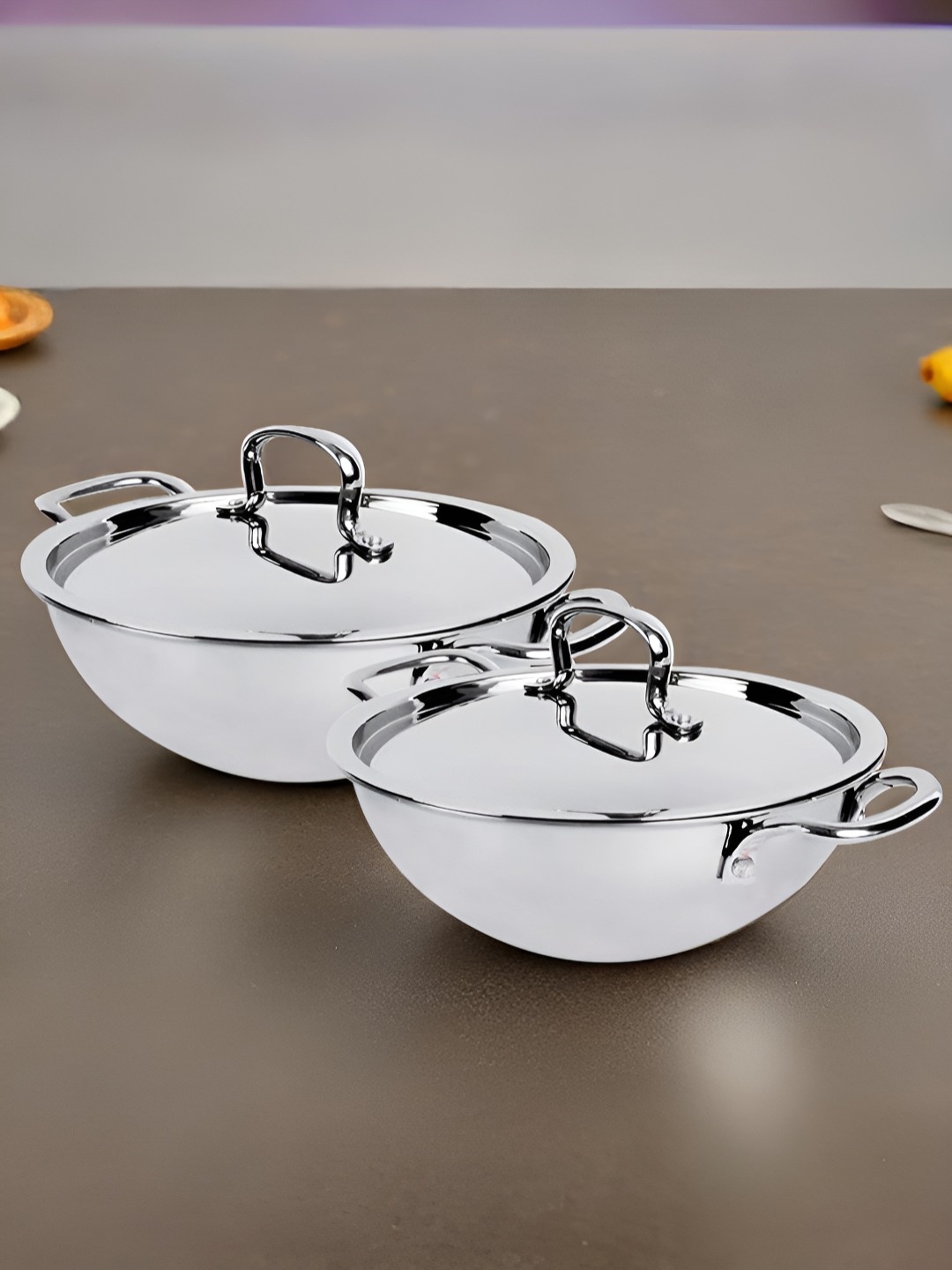 

USHA SHRIRAM 2 Pieces Triply Stainless Steel Kadhai With Lid 2.6 L Each