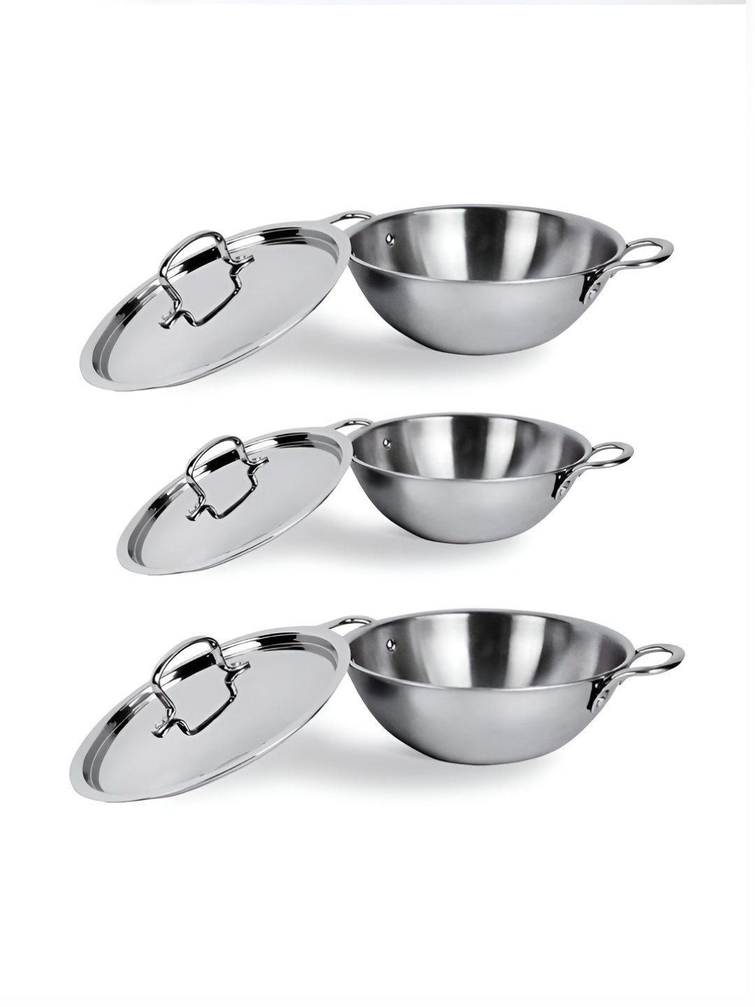 

USHA SHRIRAM Silver-Toned 3 Pieces Triply Stainless Steel Kadhais with Lid