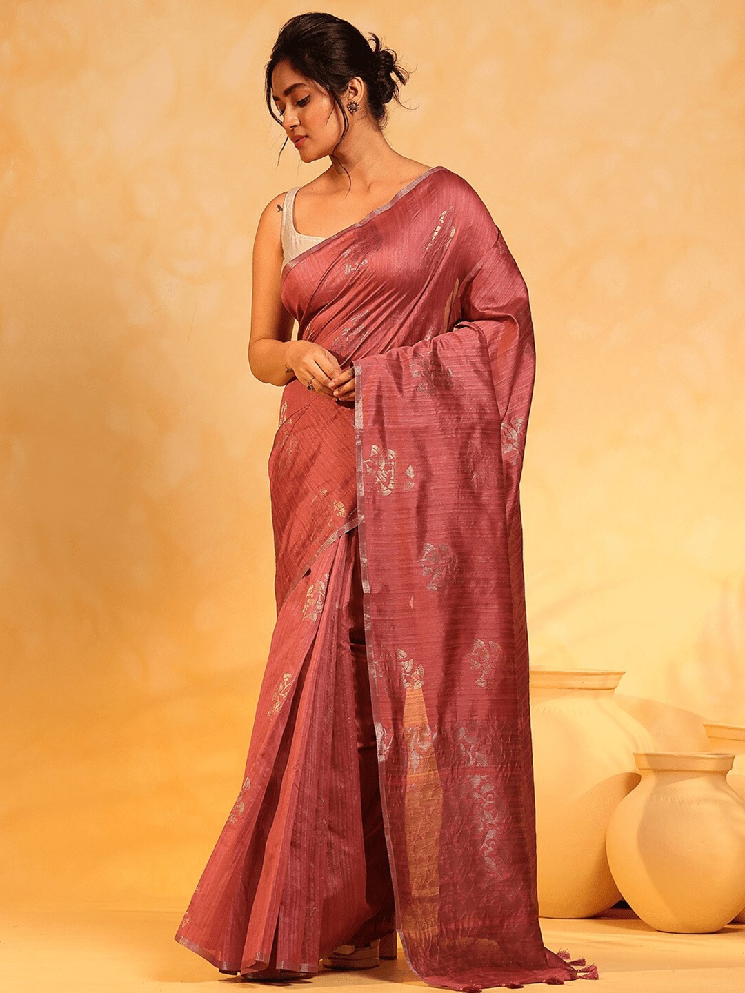 

KAVVYA Woven Design Zari Pure Linen Banarasi Saree, Pink