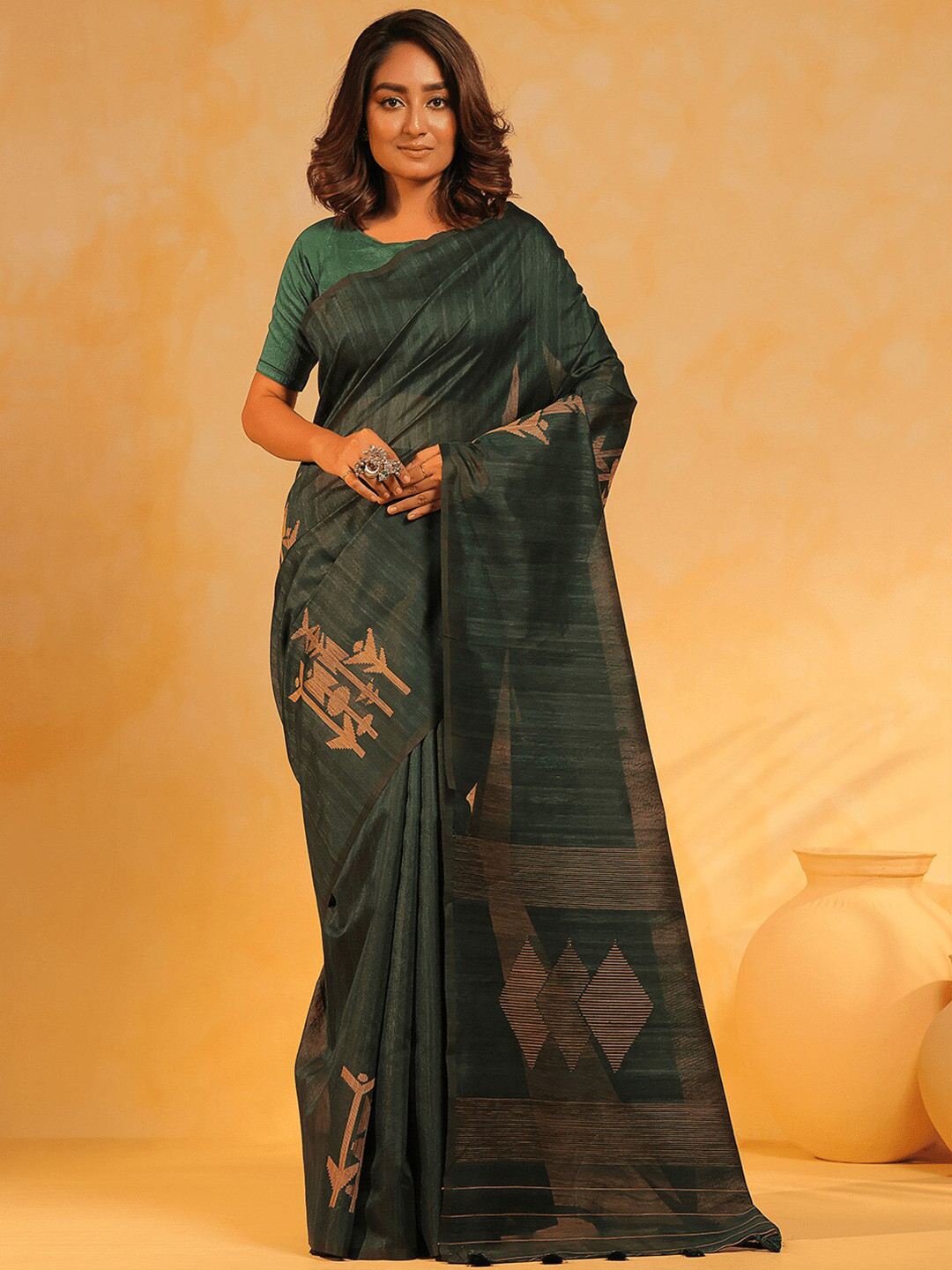 

KAVVYA Woven Design Pure Linen Banarasi Saree, Green