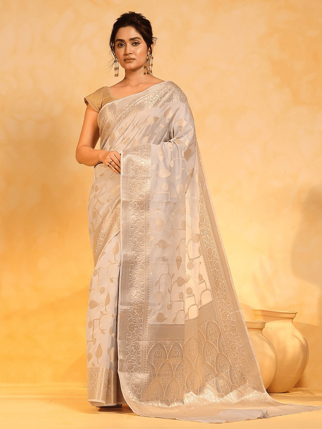 

KAVVYA Woven Design Zari Linen Blend Banarasi Saree, Grey