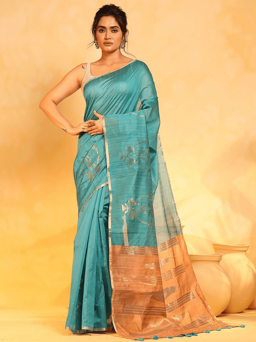 

KAVVYA Woven Design Zari Pure Linen Banarasi Saree, Teal