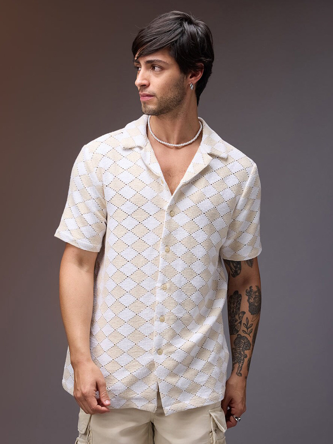 

FREAKINS Self Design Spread Collar Regular Fit Casual Shirt, Beige