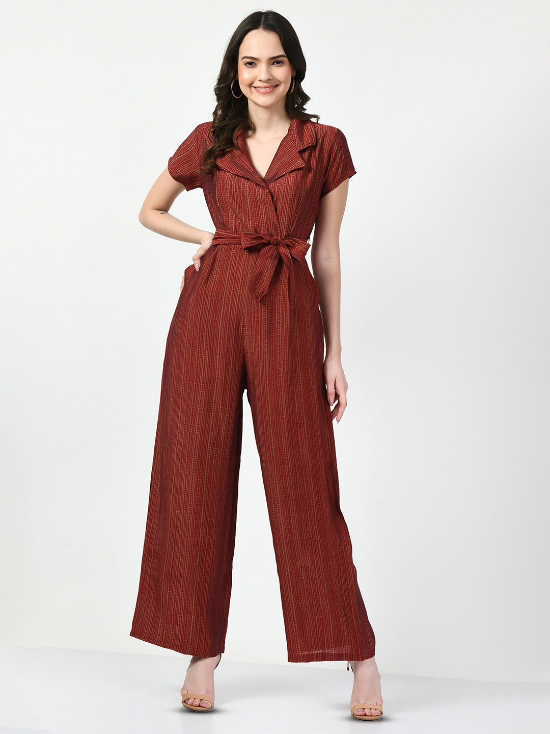 

WAYLENE Striped Shirt Collar Basic Jumpsuit, Red