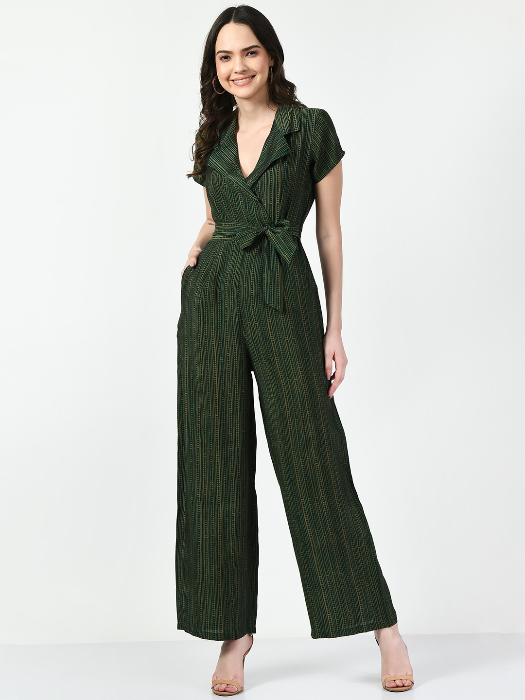 

WAYLENE Striped Shirt Collar Waist Tie Up Basic Jumpsuit, Green