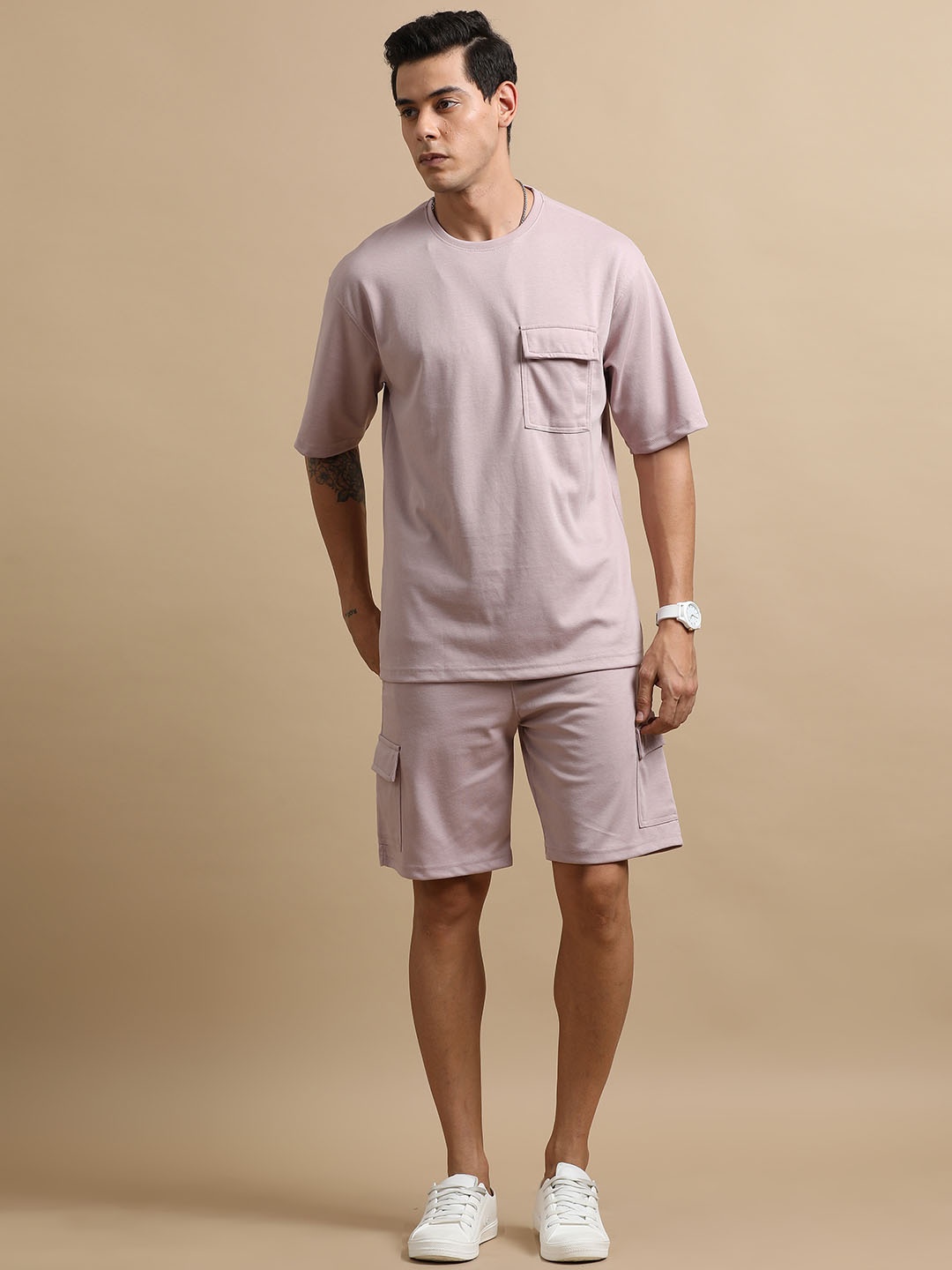 

Bushirt Round Neck Drop-Shoulder Oversized T-Shirt & Shorts, Pink