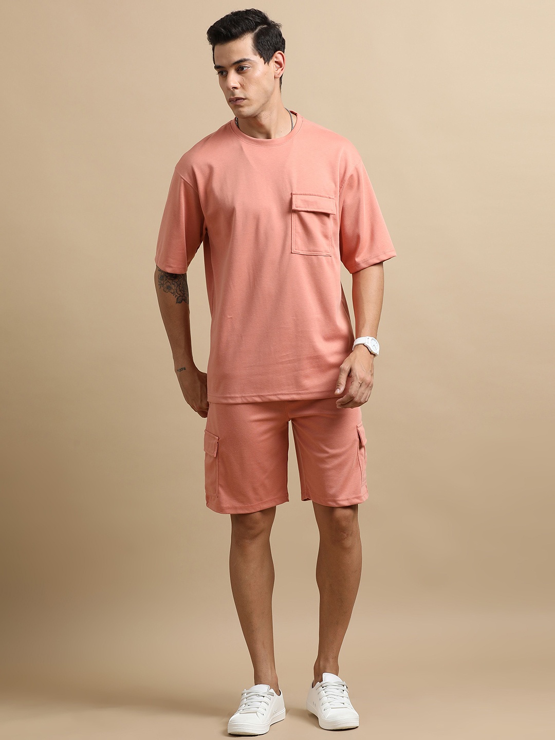 

Bushirt Round Neck Drop-Shoulder Oversized T-Shirt & Shorts, Orange