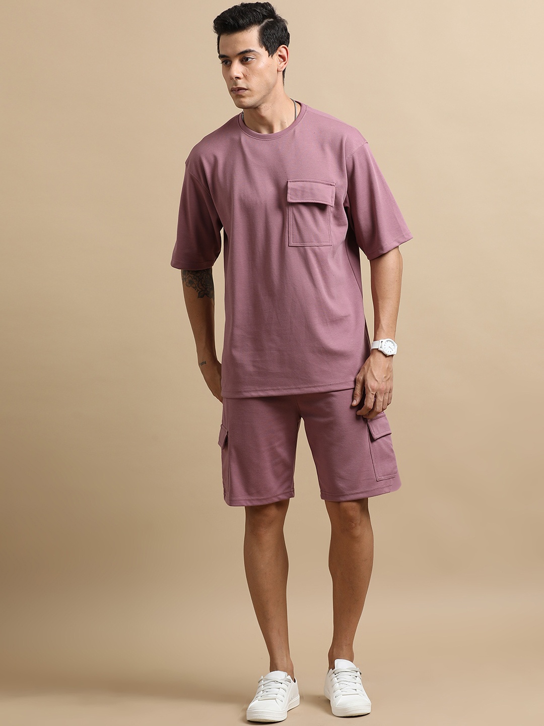 

Bushirt Round Neck Drop-Shoulder Oversized T-Shirt & Shorts, Mauve
