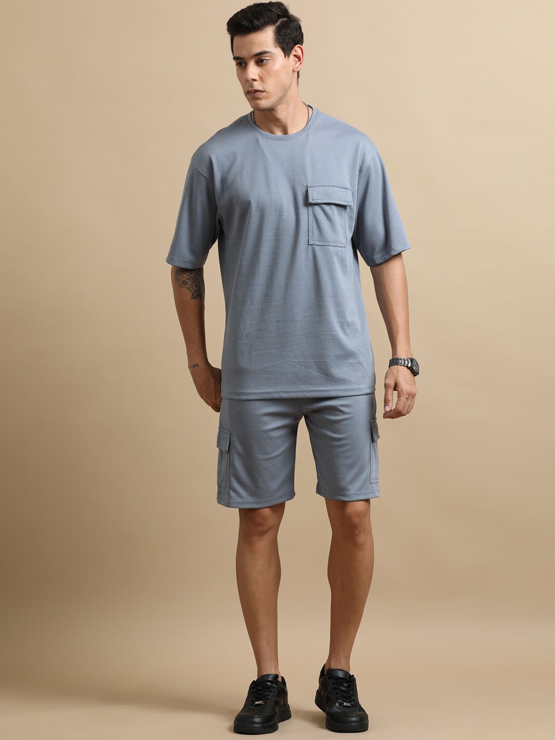 

Bushirt Round Neck T-Shirt & Shorts Oversized Co-Ords, Blue