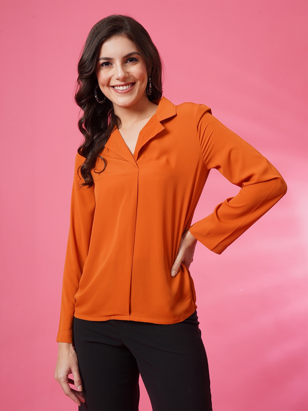

PANDORNA Cuban Collar Long Sleeves Regular Fit Formal Shirt, Orange