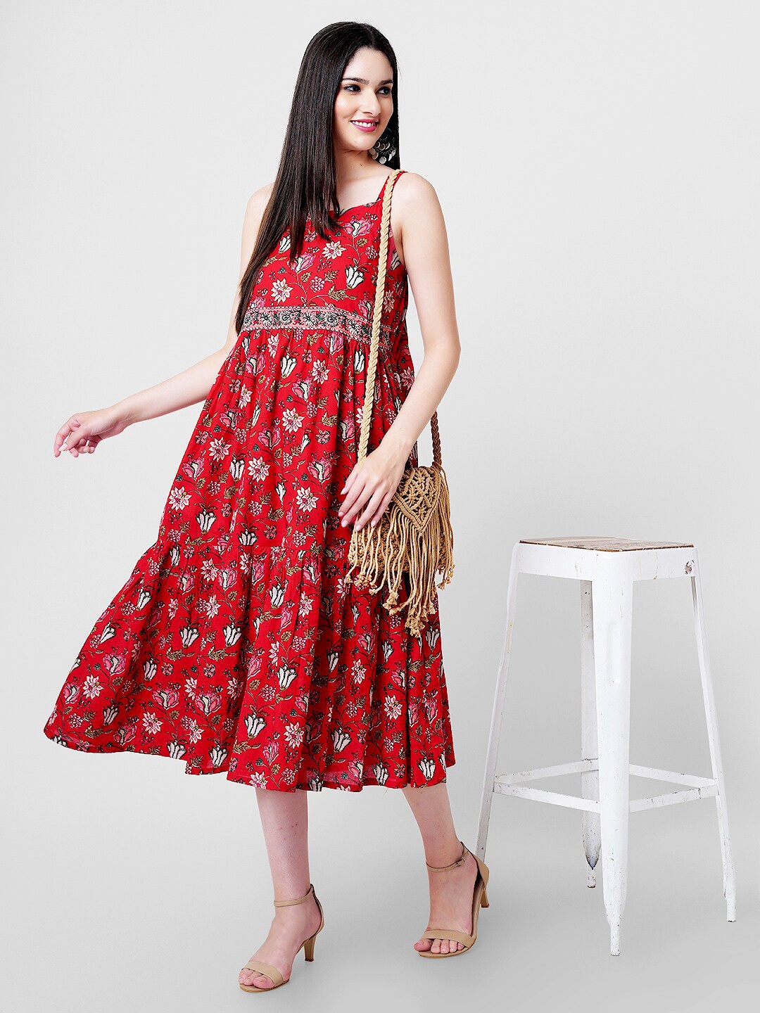 

JANAKDULARI CREATION Floral Print Shoulder Straps Sleeveless A-Line Midi Dress, Red